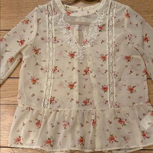 Pins & Needles Cream Sheer Blouse with Pink Floral Embroidery